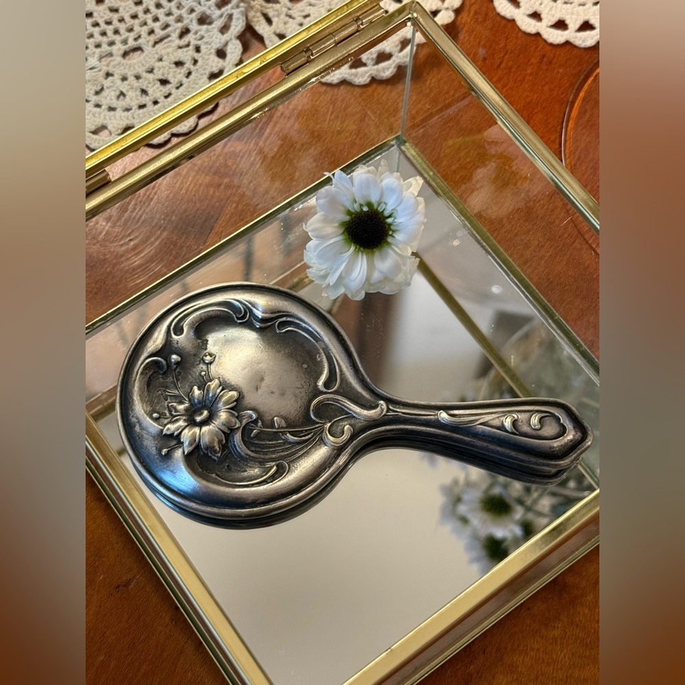 Victorian Art Deco Silver Plated Handheld Mirror
